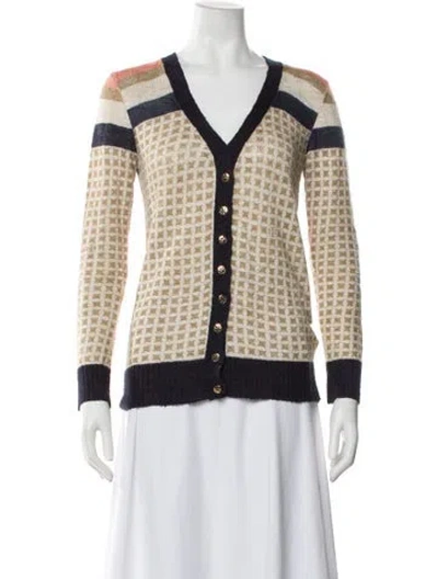 Pre-owned Tory Burch Striped V-neck Sweater In Neutral