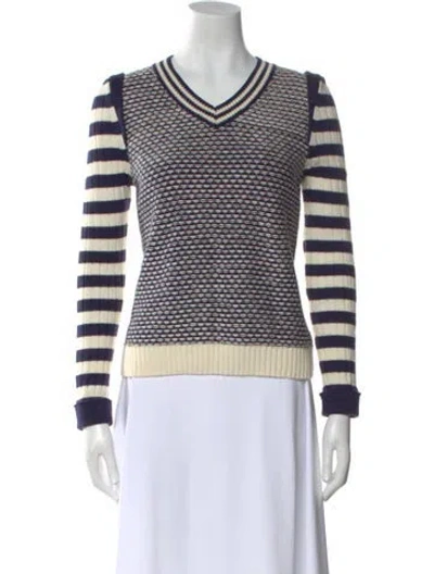 Pre-owned Tory Burch Striped V-neck Sweater In Neutral