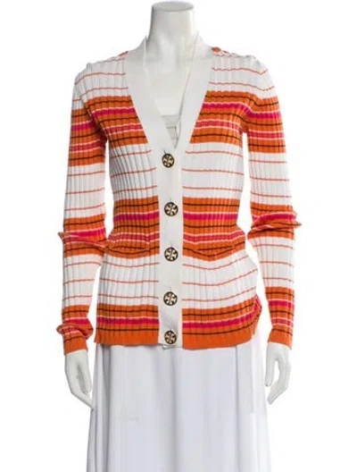 Pre-owned Tory Burch Striped V-neck Sweater In Orange