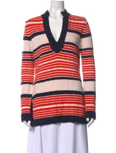 Pre-owned Tory Burch Striped V-neck Sweater In Orange