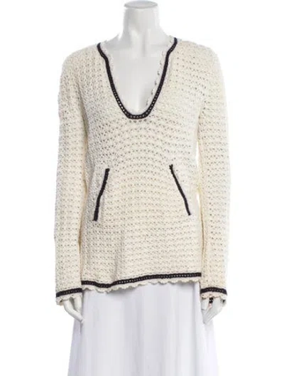 Pre-owned Tory Burch Striped V-neck Sweater In White