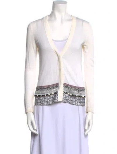 Pre-owned Tory Burch Striped V-neck Sweater In White