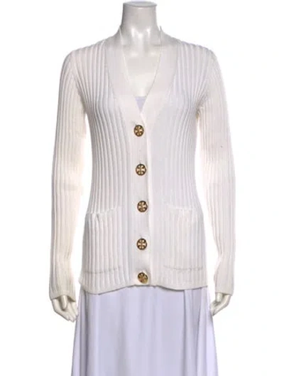 Pre-owned Tory Burch Striped V-neck Sweater In White