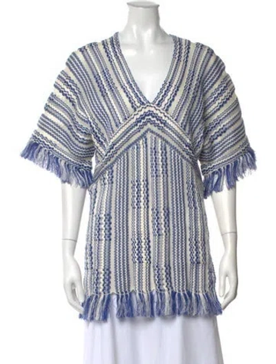 Pre-owned Tory Burch Striped V-neck Sweater In White