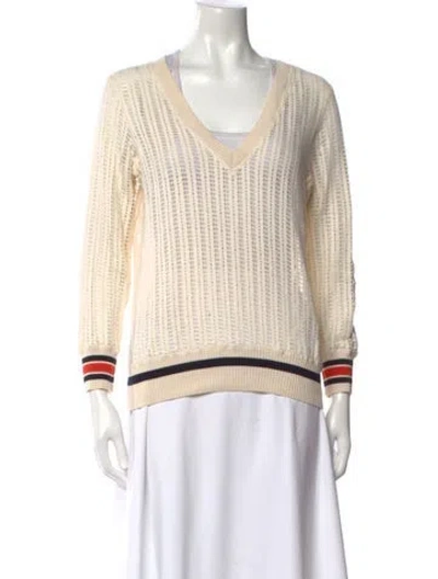 Pre-owned Tory Burch Striped V-neck Sweatshirt In White