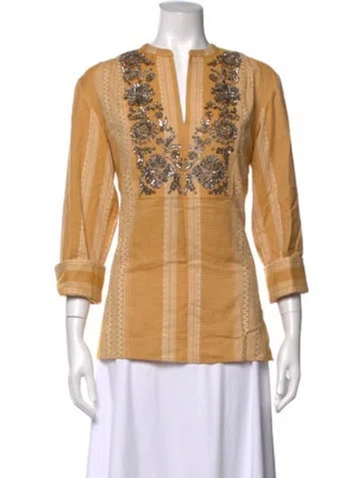 Pre-owned Tory Burch Striped V-neck Top In Yellow