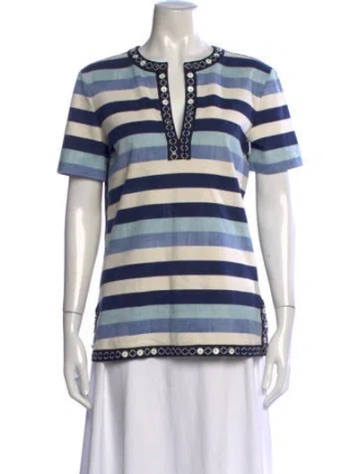 Pre-owned Tory Burch Striped V-neck Tunic In Blue