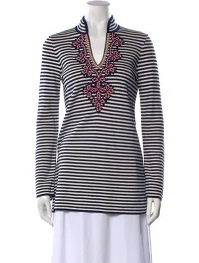 Pre-owned Tory Burch Striped V-neck Tunic In Blue