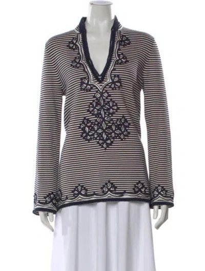 Pre-owned Tory Burch Striped V-neck Tunic In Neutral