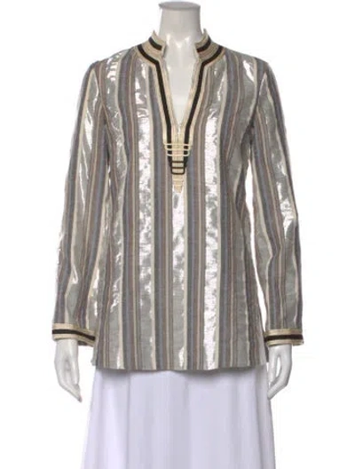 Pre-owned Tory Burch Striped V-neck Tunic In Silver