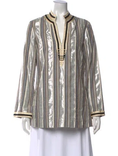 Pre-owned Tory Burch Striped V-neck Tunic In Silver