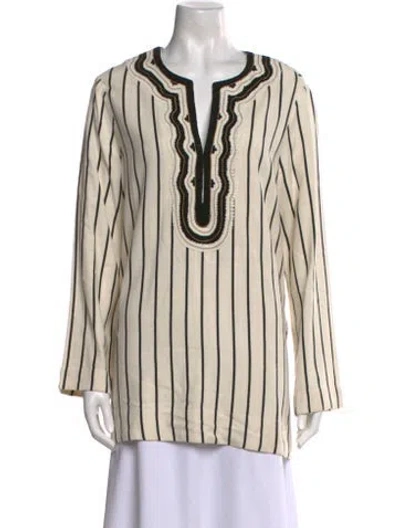 Pre-owned Tory Burch Striped V-neck Tunic W/ Tags In Neutral