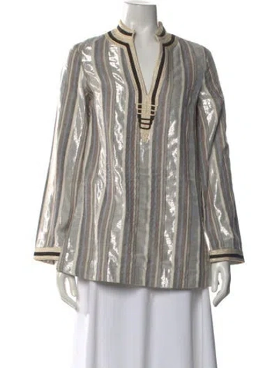 Pre-owned Tory Burch Striped V-neck Tunic W/ Tags In Silver