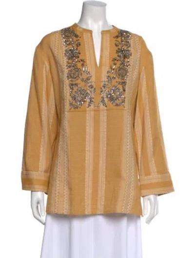 Pre-owned Tory Burch Striped V-neck Tunic In Yellow