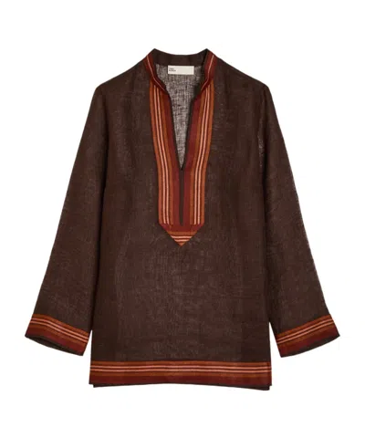 Tory Burch Stripe-trimmed Semi-sheer Linen Tunic In Red