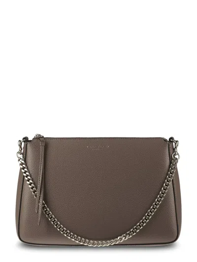 Tory Burch Structured Brown Leather Shoulder Bag With Chain Strap In Gray