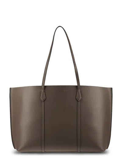 Tory Burch Structured Brown Leather Tote With Minimalist Design In Gray