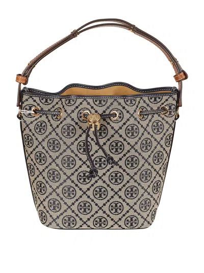 Tory Burch Structured Bucket Bag With Distinctive Pattern In Gray