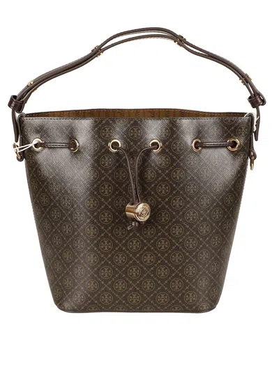 Tory Burch Structured Bucket Bag With Geometric Pattern In Gray