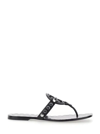 TORY BURCH BLACK THONG SANDALS WITH LOGO ON THE FRONT AND STUD EMBELLISHMENTS IN LEATHER WOMAN