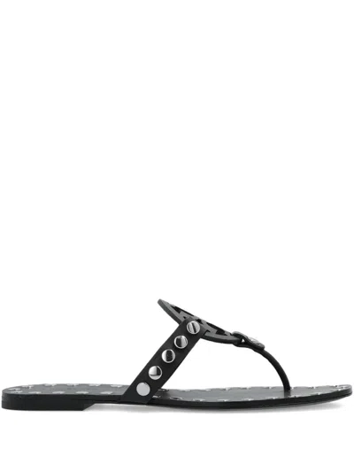 Tory Burch Studded Miller Leather Flat Sandals In Black