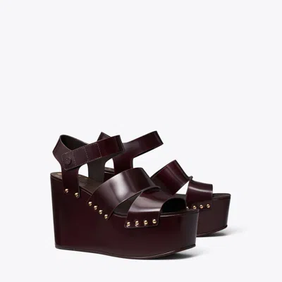 Tory Burch Studded Platform Wedge Sandal In Plum