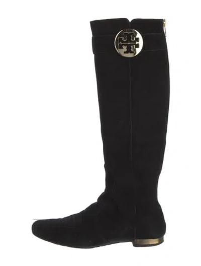 Pre-owned Tory Burch Suede Animal Print Riding Boots In Black