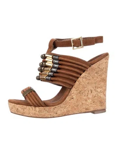 Pre-owned Tory Burch Suede Beaded Accents Slingback Sandals In Brown