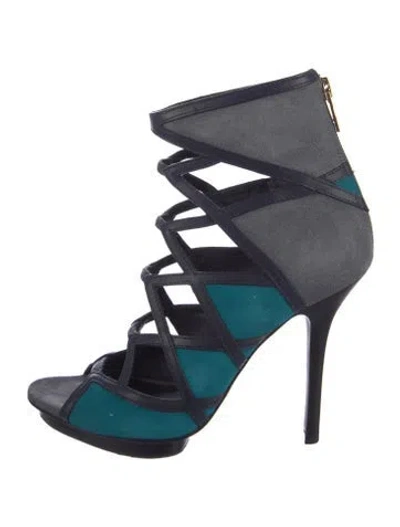 Pre-owned Tory Burch Suede Colorblock Pattern Gladiator Sandals In Gray