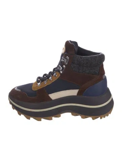 Pre-owned Tory Burch Suede Colorblock Pattern Hiking Boots In Brown