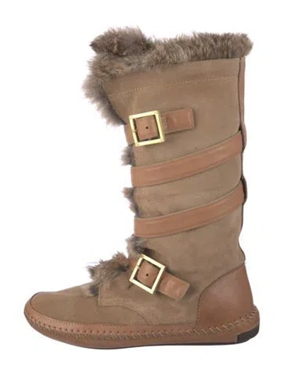 Pre-owned Tory Burch Suede Colorblock Pattern Lace-up Boots In Neutral
