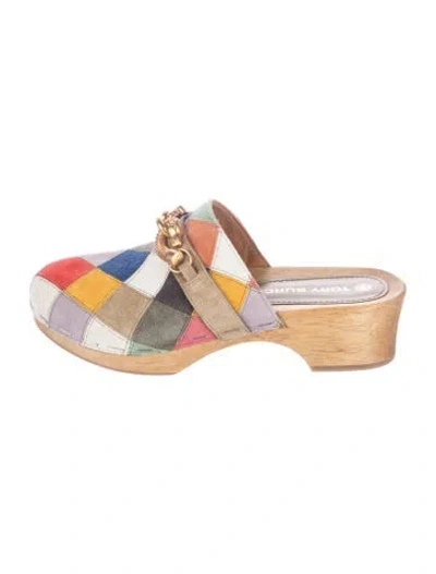 Pre-owned Tory Burch Suede Colorblock Pattern Mules In Brown