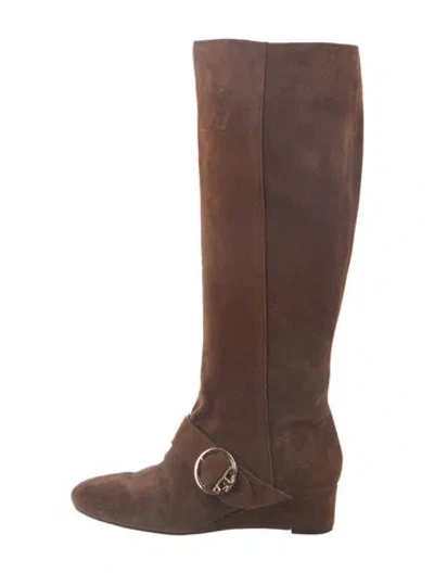 Pre-owned Tory Burch Suede Colorblock Pattern Riding Boots In Brown