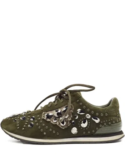 Pre-owned Tory Burch Suede Crystal-embellished Sneakers In Green