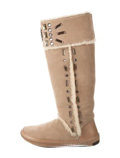 Pre-owned Tory Burch Suede Crystal Embellishments Boots In Brown
