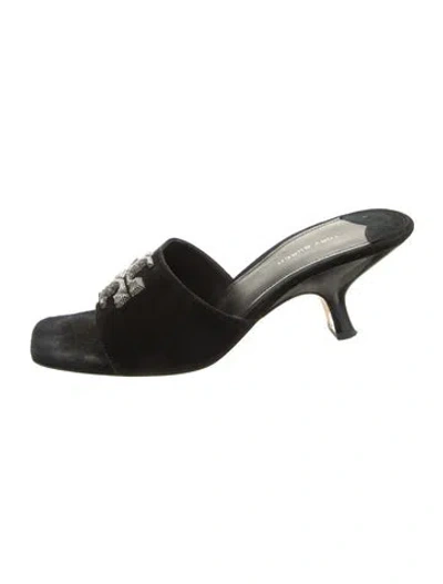Pre-owned Tory Burch Suede Crystal Embellishments Slides In Black