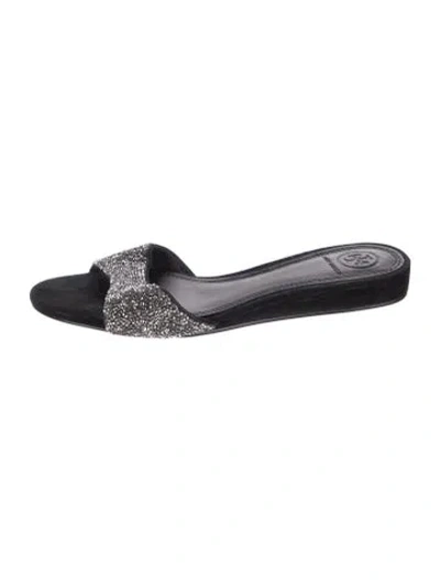 Pre-owned Tory Burch Suede Crystal Embellishments Slides In Silver
