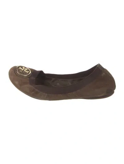 Pre-owned Tory Burch Suede Embroidered Accent Ballet Flats In Brown