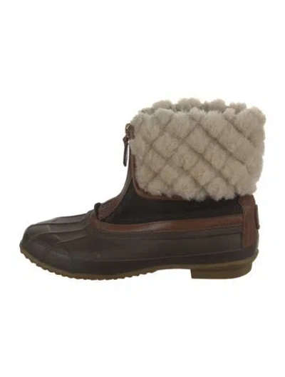 Pre-owned Tory Burch Suede Faux Fur Trim Rain Boots In Brown