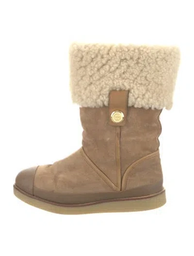 Pre-owned Tory Burch Suede Faux Fur Trim Slouch Boots In Neutrals