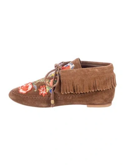 Pre-owned Tory Burch Suede Floral Print Boots In Brown