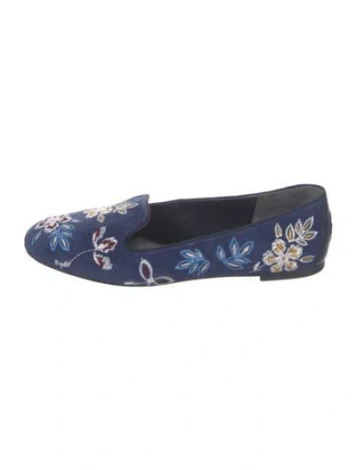 Pre-owned Tory Burch Suede Floral Print Loafers In Blue