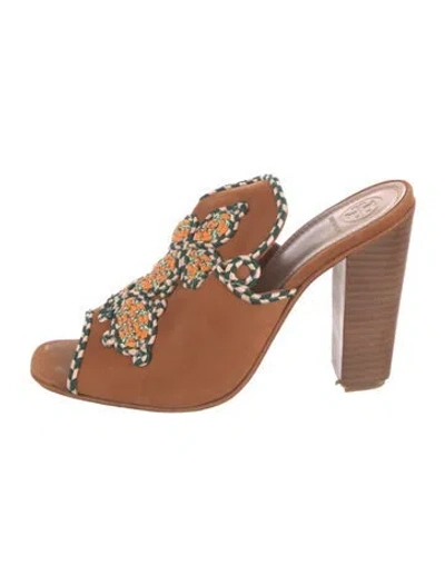 Pre-owned Tory Burch Suede Floral Print Slides In Brown