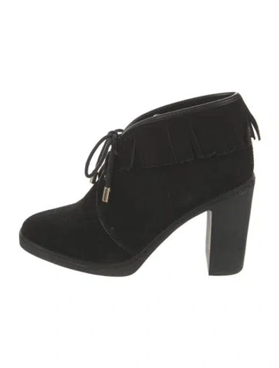 Pre-owned Tory Burch Suede Fringe Trim Accent Boots In Black