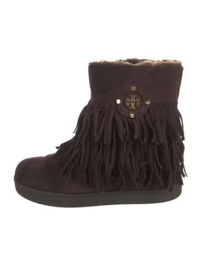 Pre-owned Tory Burch Suede Fringe Trim Accent Boots In Brown