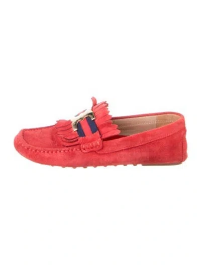 Pre-owned Tory Burch Suede Fringe Trim Accent Loafers In Red