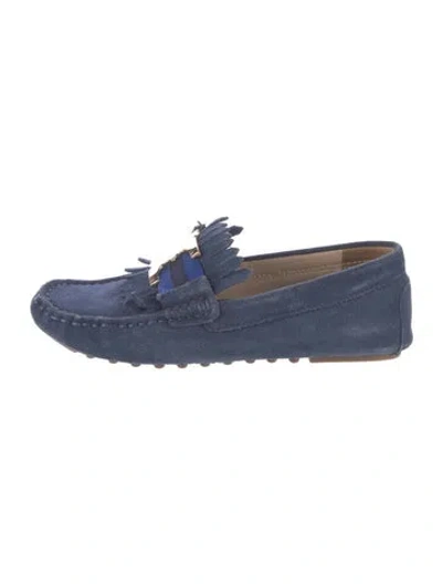Pre-owned Tory Burch Suede Fringe Trim Accent Moccasins In Blue