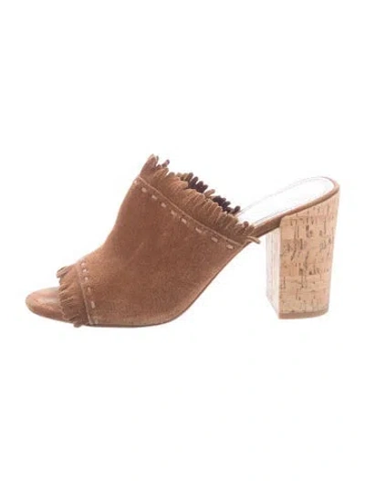 Pre-owned Tory Burch Suede Fringe Trim Accent Mules In Brown