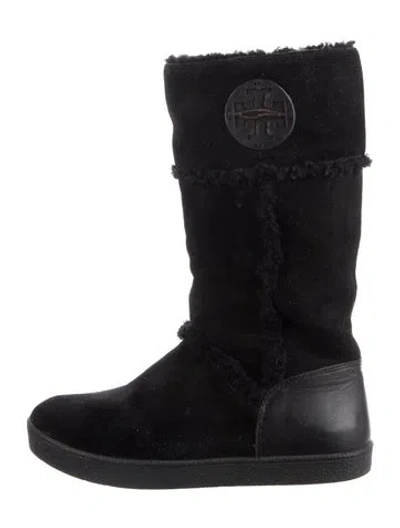 Pre-owned Tory Burch Suede Fur Trim Boots In Black
