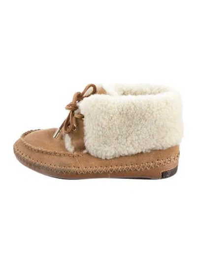 Pre-owned Tory Burch Suede Fur Trim Boots In Brown